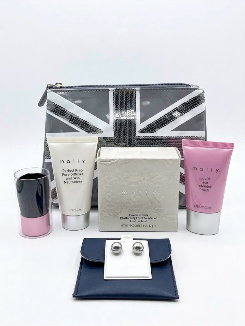 Mally Makeup Bundle with Cosmetic Pouch & Ball Post Sterling Silver Earrings